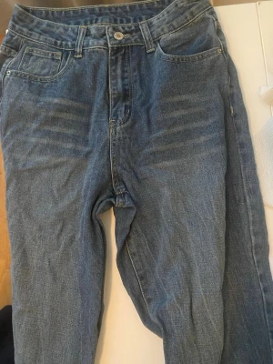 Blå klassiska jeans med normal passform - Säljer ett par blå klassiska jeans med fem fickor och normal passform. Jeansen har bälteshällor, knappgylf och är tillverkade i bomull. Perfekta till vardags och enkla att matcha med olika stilar. Storlek L
