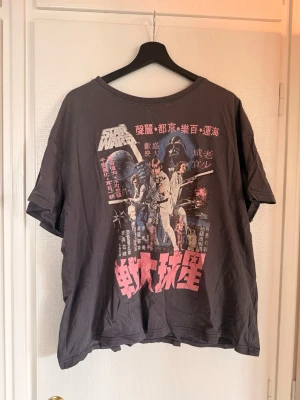 Grå Star Wars t-shirt med tryck - Säljer en grå t-shirt med stort Star Wars-tryck på framsidan i färgerna rosa, vit och blå. T-shirten har korta ärmar och en avslappnad passform. Trycket har asiatiska tecken och motiv från Star Wars-filmen. Perfekt för dig som gillar coola filmtröjor.
