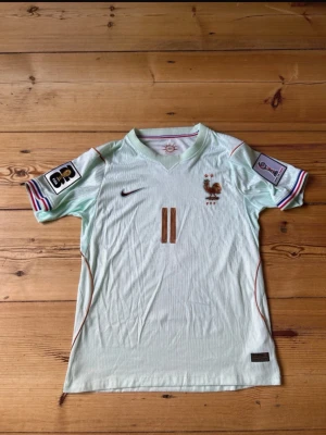 Ljusblå Frankrike fotbollströja - Säljer en ljusblå fotbollströja från Nike med Frankrikes landslagsemblem och nummer 11 i bronsfärg. Tröjan har korta ärmar med färgglada detaljer och trycket 'OLISE' på ryggen. Materialet är lätt och andas, perfekt för träning eller match.