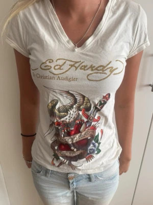 Vit Ed Hardy t-shirt med tryck - Säljer en vit t-shirt från Ed Hardy T-shirt med tryck framtill och guldfärgad logga. T-shirten har v-ringning och korta ärmar! Hör av er vid Frågor