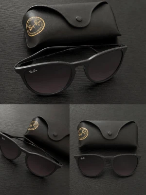 Svarta Ray-Ban solglasögon - Snygga svarta solglasögon från Ray-Ban med klassisk rundad form och mörka glas. Bågarna är i plast och kommer med originalfodral och putsduk. Perfekta för dig som vill ha en tidlös och ikonisk stil.