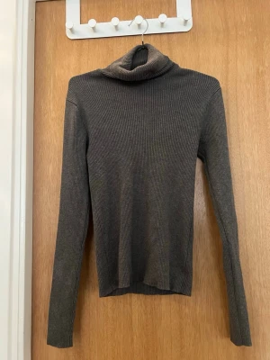 Mörkgrå polotröja från Gina Tricot - Säljer en mörkgrå, ribbstickad polotröja från Gina Tricot i storlek M. Tröjan har lång ärm, smal passform och hög polokrage. Perfekt att styla med jeans eller kjol för en clean och enkel look.