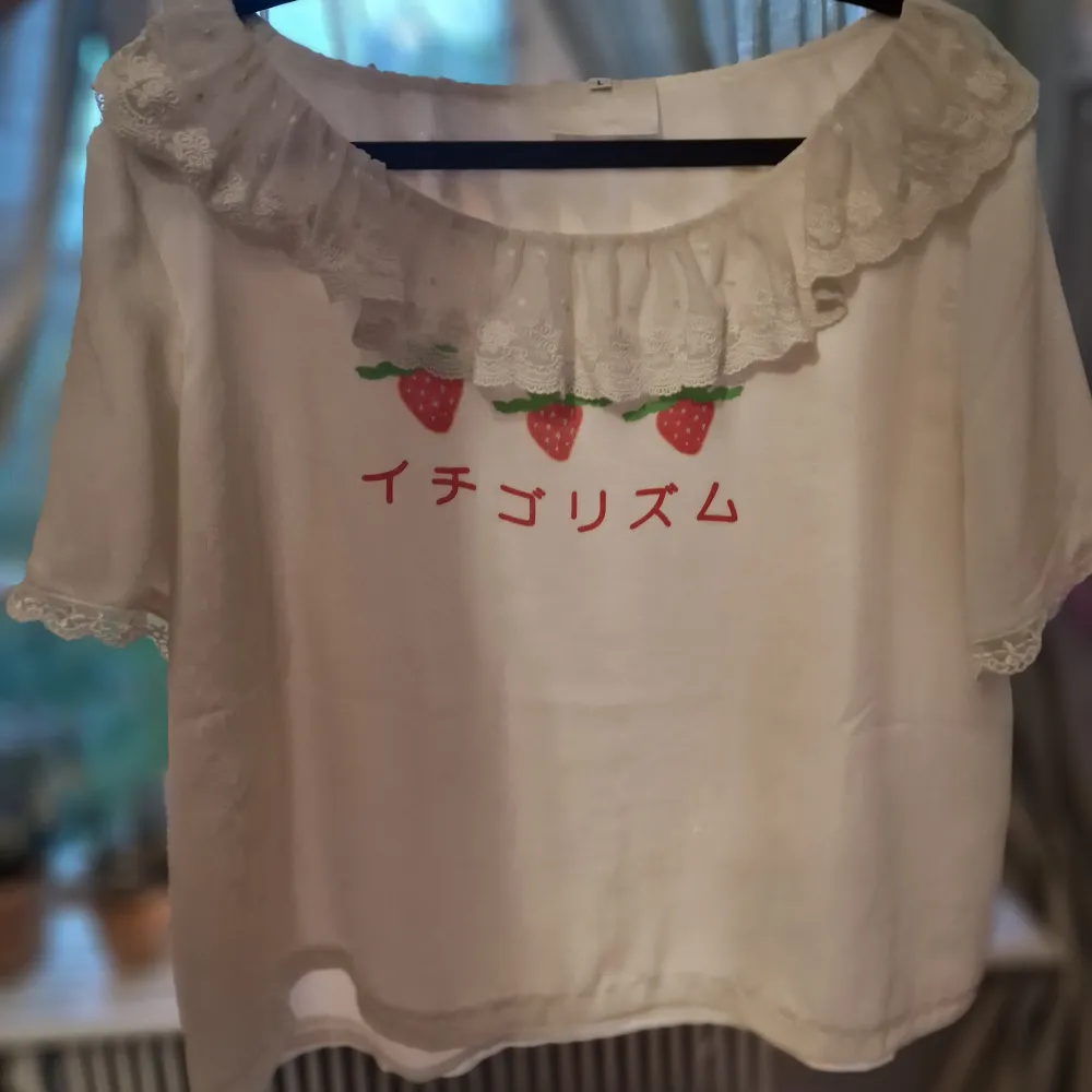 Strawberry Blouse, barely used/in very good condition, bought in Gothenburg at Kawaii, fits L but depends on how you want it to sit.   The Japanese letters stands for Strawberry Rhythm. Blusar.