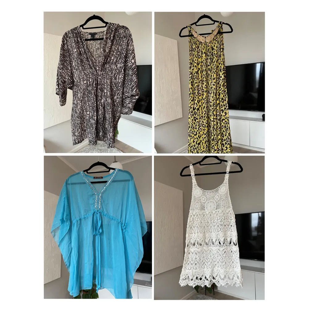 4 stycken strandklänningar / strandtunikor, knappt använda. Passar storlek 36 / Small. Två av plaggen är från H&M, de andra är inköpta utomlands. Den blå strandtunikan har några små trådar lösa (se bild). Den leopardfärgade klänningen är något oversized.. Mekot.