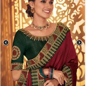 Designer red saree with green blouse 