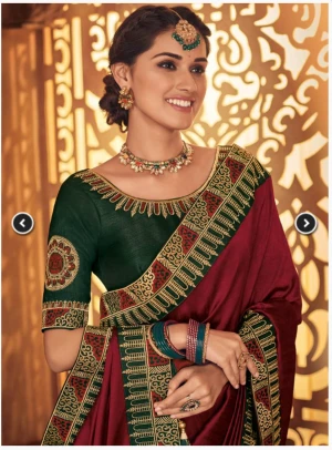 Red saree green blouse - Designer red saree with green blouse 