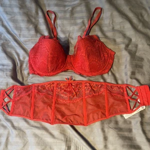 ”Sxy bh med korsett” - Oanvänt rött bh sett me enbart bh och korsett.  Bhn har stl : 85D  Korsetten stl: S ”38”  Nypris på kosetten 449kr/ Bhn e köpt på H&M men gjorde detta till ett eget sett. Men kommer aldrig till användning. 