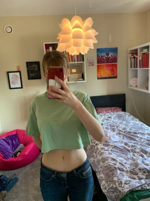 Grön croppad t-skirt - Ljusgrön t-shirt som är croppad. Köpt på H&M. Bra skick!! Tryck gärna på köp nu :)