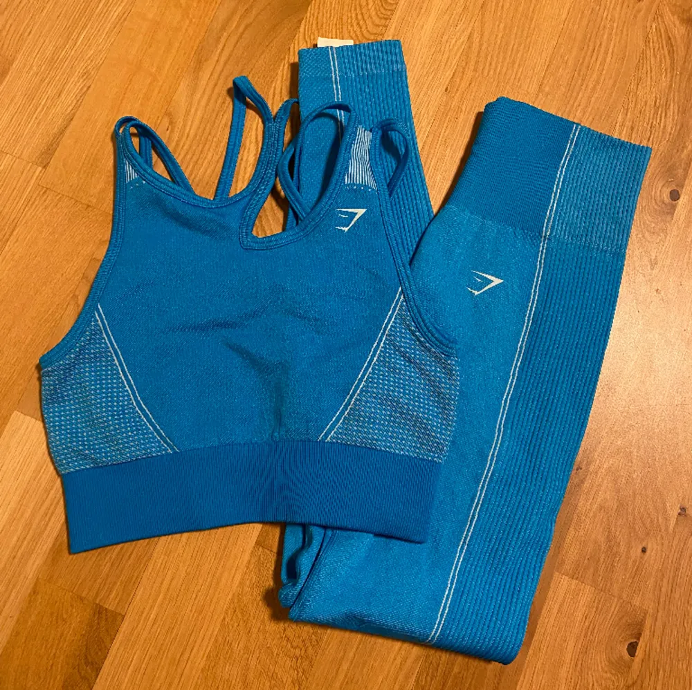 Gymshark-set i fin klarblå färg. Endast använd 2 gånger. Djur finns i hemmet🐾. Övrigt.