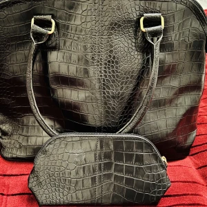 Dam axel väska i skinn - Super fin dam axel väska i skinn.  Små fack finns ej.  Färg: svart skinn.  Mini bag ingår med väskan. Axelremband finns ej.   Ej använd. 