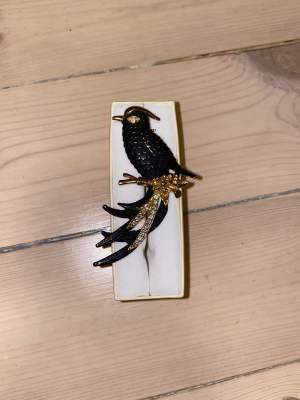 jättefin lite större brosch med en svart fågel med gulddetaljer. fyndad på en loppis och har inget synligt slitage. 