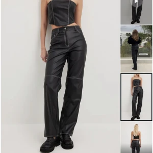 Byxor i fuskläder  - Sjukt snygga byxor från Lojsan Wallins kollektion för NA-KD. Fuskskinn med vita detaljer i sömmarna. Väldigt bekväma! Endast använda en gång och har inga defekter, men pga för mycket kläder används de inte som de förtjänar🌟 Strl 34 men passar också 36. 