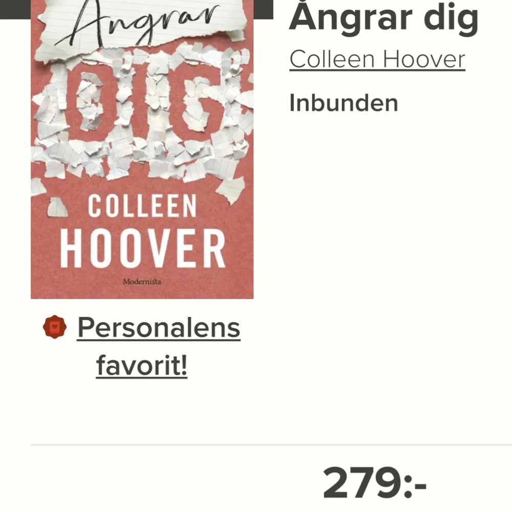 ”Regretting you” av Colleen Hoover på svenska (ångrar dig) . Original pris 279 kr. Den är oläst och perfekt skick.. Övrigt.