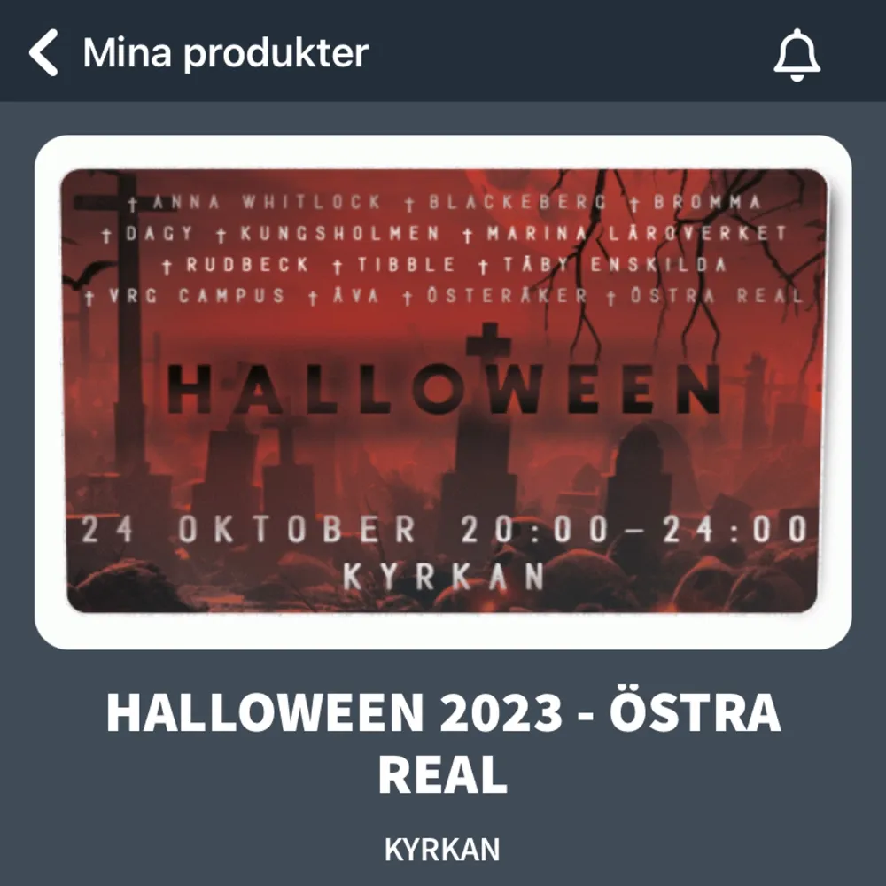 Säljer min biljett till halloweenfesten i Slaktkyrkan 24/10. Köpt via Östra Real. Skriv om du är intresserad💕. Jackor.