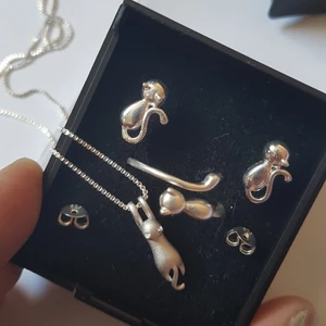 SuperSupersött äkta silver halsband set  - Superfint halsband set ( örhengen, ring halsband med hänge)  ( katt) . Helt ny . Bästa julklappen/presenter. De är jätte sötta helt ny. .storlek på ringen 17-18. Allså 7-8. Pris för hela set är 449kr ink vanliga frak. Om du vill ha spårbar frak då får du betala för dig..  stämpel finns på örhengen,ring och halsband . Allt stämpelat 925
