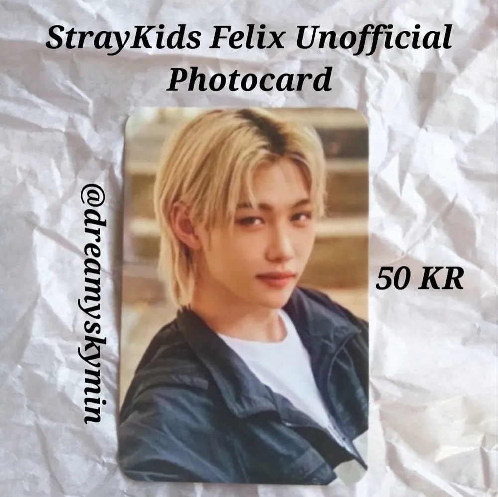 Unofficial Photocard på Felix från StrayKids. Gratis frakt och freebies ingår i köpet, kostar bara 50 KR. Kontakta mig om du är sugen på att köpa eller få fler bilder.. Övrigt.