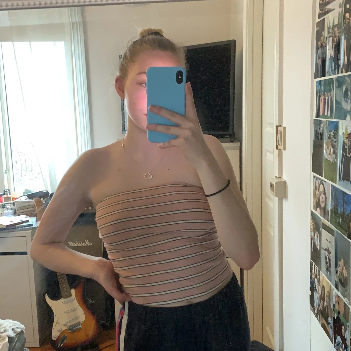 Smutsrosa bandeautop med svarta och vita ränder, Storlek S