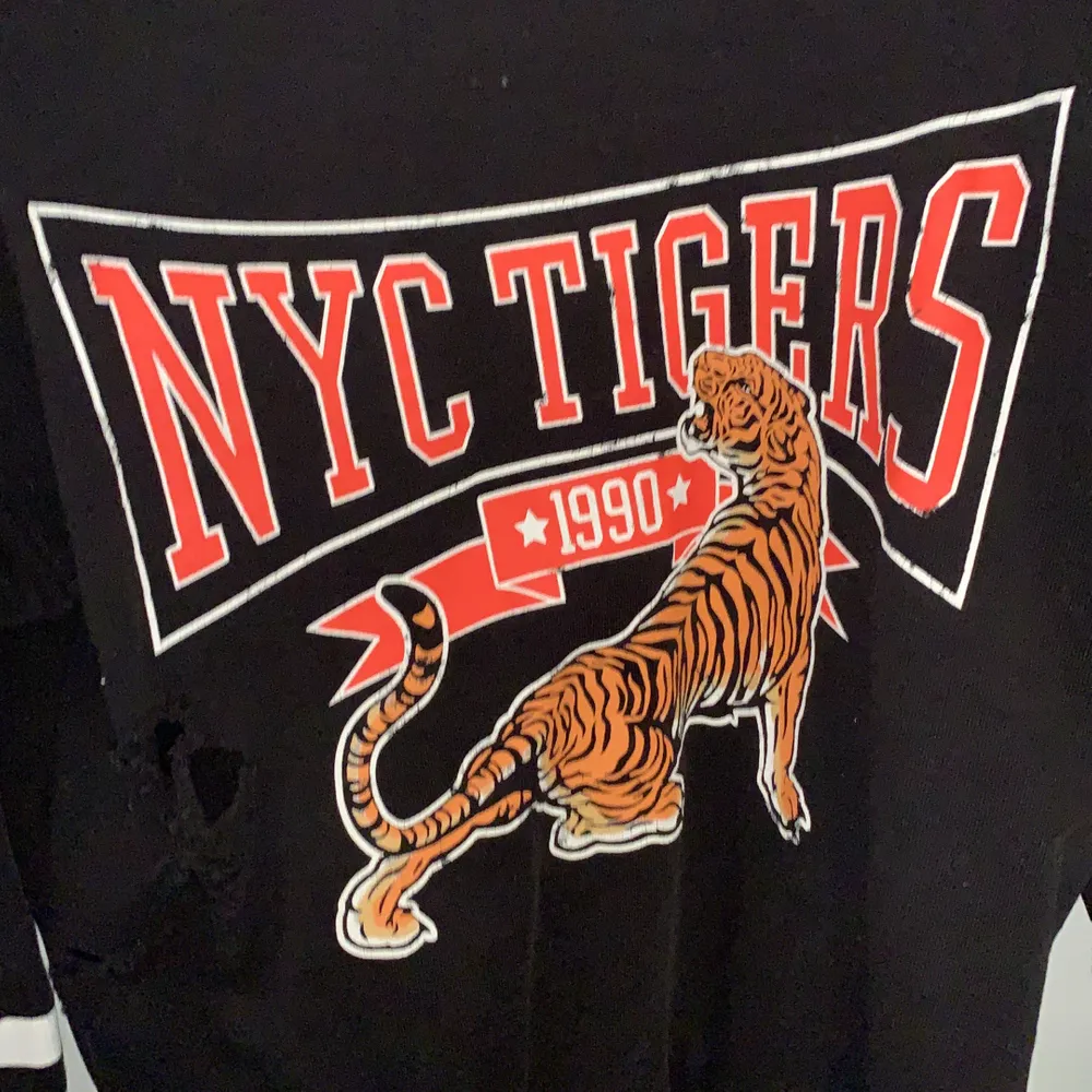 Svart crewneck med tiger tryck och rips i. Säljer då den inte är min stil längre. 75kr. Hoodies.