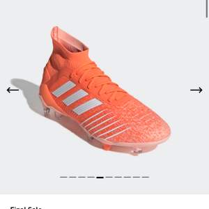 Säljer ett par adidas fotbollsskor i modellen predator 19.1 firm ground cleats controlskin. Endast testade 1/2 gånger. I färgen hi-res coral/ cloud white/ glow pink. (Orange). Skon passar mig som har 38, men originalstorleken i eu är ca 39.  Nypris ca 1900kr