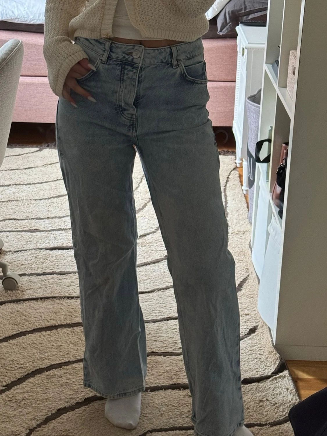 Ljusblåa raka jeans med hög midja - 1
