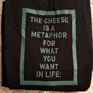 Svart långärmad t-shirt med tryck - Cool svart långärmad t-shirt med grönt texttryck på bröstet: 'THE CHEESE IS A METAPHOR FOR WHAT YOU WANT IN LIFE' och 'cheese cracker' på sidan. Perfekt för dig som gillar statement-plagg och vill sticka ut.