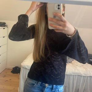 Svart spetströja - Säljer en svart blus i spets med långärmade och vida ärmar. Blusen har ett snyggt mönster i spetsen och är lätt transparent. Modellen är normal i passformen och har rund hals.