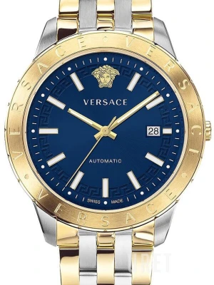  blå-guld herrklocka - Snygg herrklocka  med blå urtavla, guldfärgad boett och tvåfärgad länk i guld och silver. Klockan har automatisk urverk, datumvisning och klassisk Versace-logga på urtavlan. Perfekt accessoar för dig som gillar exklusiv stil.