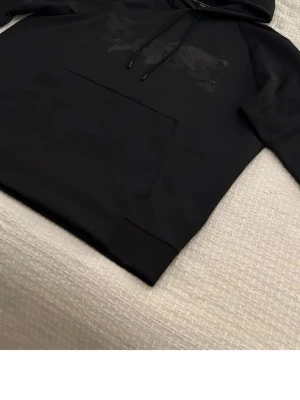 Svart hoodie med drakkedja - Säljer en svart hoodie med huva och dragsko. På bröstet finns ett diskret tryck av en drake i svart. Hoodien har en stor magficka och är gjord i mjukt bomullsmaterial. Perfekt för dig som gillar stilrena plagg med en twist.