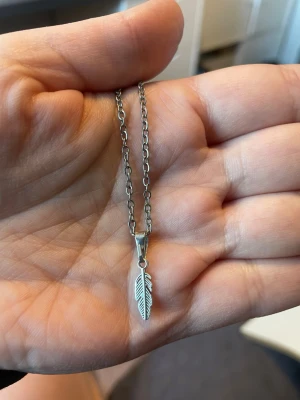 Silverfärgat halsband med fjäderhänge - Snyggt halsband i silverfärg med ett detaljrikt fjäderformat hänge. Kedjan har grova länkar som ger ett trendigt intryck. Perfekt accessoar för dig som gillar stilrena smycken med en bohemisk touch.
