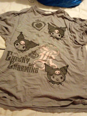 Grå Kuromi t-shirt från H&M - Grå t-shirt från H&M med tryck av Kuromi-figurer, texten 'Cheeky but Charming' och dekorativa detaljer i svart och rosa. T-shirten har rund hals och korta ärmar, perfekt för dig som gillar kawaii-stil och vill sticka ut lite extra.