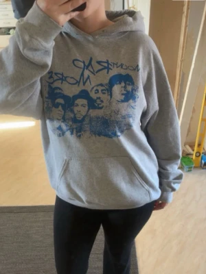 Grå hoodie med blått tryck - Grå hoodie med tryck, väldigt smickrande passform. Använd men inga defekter. Den är lite nopprig men det är ingenting man lägger märket till och ingenting som syns 