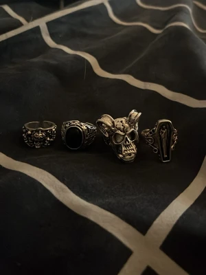 Fyra silverfärgade ringar med motiv - Säljer ett set med fyra unika ringar i silverfärg. Motiven inkluderar en dödskalle, en ring med svart sten, en ring med hornad dödskalle och en ring med kistmotiv. Alla ringar har detaljerade mönster och en cool, alternativ stil. 50kr/st