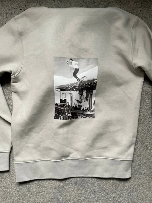 Bvaldi hoodie - S  - Cool beige sweatshirt från BVALDI med ett stort svartvitt print på ryggen som visar en skidåkare och bar-motiv. Tröjan har rund hals och ribbade muddar. Perfekt för dig som gillar unik design och streetstyle. Helt ny med prislapp. Nypris 899