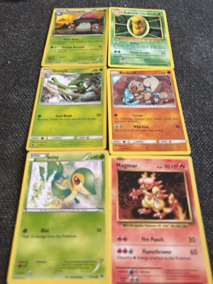 Pokémonkort blandade karaktärer - Säljer ett set med sex Pokémonkort: Amoonguss, Kakuna, Grovyle, Rockruff, Snivy och Magmar. Korten har färgstarka illustrationer och varierande bakgrundsfärger beroende på typ, bland annat grönt, gult och rött. Perfekt för samlare eller Pokémonfans.
