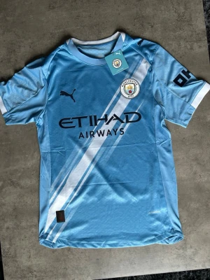 Manchester City matchtröja Puma - Snygg ljusblå Manchester City matchtröja från Puma med klubbmärke på bröstet och Etihad Airways som sponsortryck. Tröjan har vita och mörkblå detaljer samt korta ärmar. Perfekt för fotbollsfans som vill visa sitt stöd på matchdagar.