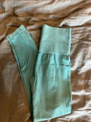Mintgröna seamless leggings - Säljer ett par mintgröna seamless leggings från Aim'n med hög midja och bred ribbad linning. Materialet är stretchigt och mjukt, perfekt för träning eller chill. Snygg passform som framhäver midjan och sitter skönt hela dagen.