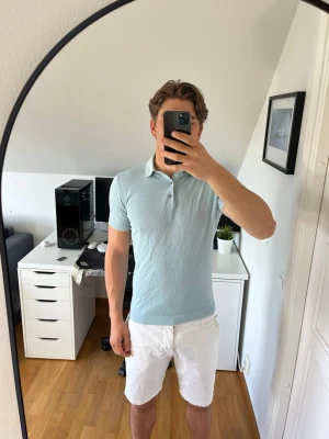 Ljusblå pikétröja från Massimo dutti - Säljer en ljusblå pikétröja från Massimo dutti med klassisk krage och knappar framtill. Tröjan har korta ärmar och är tillverkad i mjuk bomull. Hör gärna av dig vid frågor!