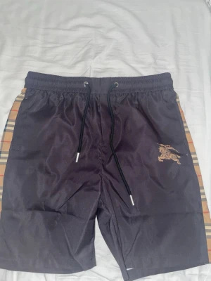 Svarta shorts med rutiga sidopaneler - Snygga svarta shorts från Burberry med klassiska beige-rutiga sidopaneler och guldfärgad logga på ena benet. Shortsen har snörning i midjan och är tillverkade i ett glansigt syntetmaterial. Perfekta för en trendig och avslappnad stil.