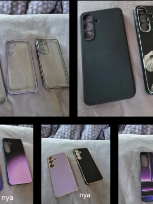 mobilskal till Samsung Galaxy S24 - Säljer ett gäng mobilskal till Samsung Galaxy, bland annat i svart, lila, genomskinligt och med motiv. Materialen varierar mellan silikon, plast och hårdplast. Några skal har gulddetaljer och gradient-effekt. Två kameraskydd och två skärmskydd , helt nytt .. 300 för allt är styckpris . Skriv och fråga