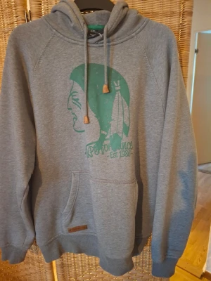 Grå hoodie Peak Performance XL - Säljer en grå hoodie från Peak Performance i storlek XL. Hoodien har en stor grön tryckt grafik framtill, huva med dragsko och en klassisk känguruficka. Tillverkad i mjukt material, perfekt för chill dagar. Snygga detaljer med träpärlor på snörena.