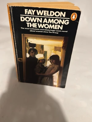 Down Among the Women av Fay Weldon - En klassisk engelsk roman i pocketformat, 'Down Among the Women' av Fay Weldon. Omslaget är svart med vit text och ett foto i färg av tre personer i ett rum. Boken har mjuka pärmar och sidor i gulnat papper. Perfekt för dig som gillar skönlitteratur med feministiska teman.