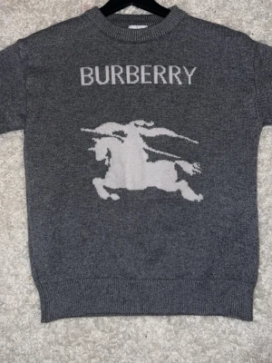 Grå stickad tröja från Burberry - Mörkgrå stickad tröja från Burberry med ikoniskt ryttarmotiv och stor logga framtill. Tröjan har rund halsringning, ribbade muddar och är gjord i mjukt material. Perfekt för dig som gillar klassisk och stilren design.