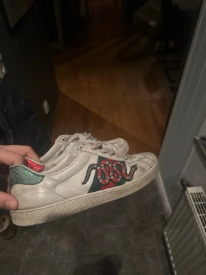 Gucci Ace sneakers med orm - Säljer ett par vita Gucci Ace sneakers i läder med den ikoniska broderade ormen på sidan. Skorna har gröna och röda detaljer på hälen och klassiska vita snören. Perfekta för dig som vill sticka ut med en lyxig och edgy look. Kom med rimliga förslag. Inget OG ingår men skorna är 100% äkta