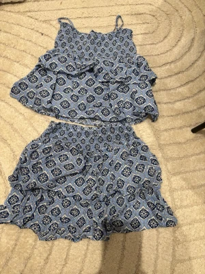 Blå mönstrat sätt med volang. Från Gina tricot - Säljer en blå linnetopp med smala axelband och volangdetaljer. Toppen har ett snyggt grafiskt mönster i mörkblått och vitt, och är tillverkad i ett lätt och luftigt material som passar perfekt till sommaren.