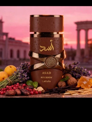 Lattafa Asad Bourbon parfym - Lattafa Asad Bourbon parfym i en elegant brun flaska med gulddetaljer och arabiska bokstäver. Flaskan har en rund form och dekoreras med ett mönstrat emblem i mitten. Doften är inspirerad av kryddor, vanilj och träiga toner.