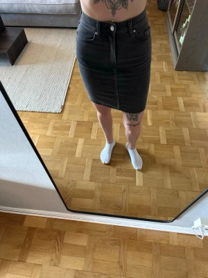 Svart/grå jeanskjol från H&M - Snygg svart/grå/stentvättat, tight jeanskjol. Använd ett fåtal gånger utan defekter. 