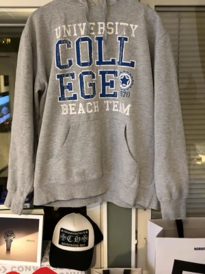 Grå college hoodie med tryck - En ruskigt snygg college hoodie som är  i ett väldigt fint skick då den endast är använd ett fåtal gånger. Hör av er vid minsta fundering. Den är i storlek L men passar dig som bär storlek M. 