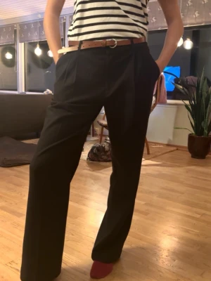 Kostymbyxor från Twist & Tango - Hej!🌸 Jag säljer mina snygga kostymbyxor från Twist & Tango med vida ben och pressveck. Byxorna har hällor för bälte, två sidofickor fram och två passpoalfickor bak. Perfekta för en clean och stilren look. Materialet känns mjukt och har en lätt glans. Sparsamt använda. Nypris 1999kr! 