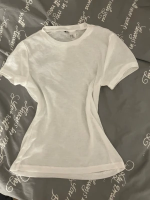 Vit basic genomskinlig t-shirt från H&M - En klassisk vit t-shirt från H&M i mjuk bomull. Modellen har rund halsringning och korta ärmar, perfekt för en enkel och clean look. Passformen är normal och tyget är lätt och bekvämt för vardagsbruk.
