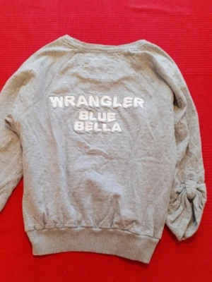 Grå sweatshirt Wrangler Blue Bella - Grå sweatshirt från Wrangler med texten 'WRANGLER BLUE BELLA' i vitt på ryggen. Tröjan har rund halsringning, ribbade muddar och unika rynkade detaljer med knapp på ärmarna. Perfekt för en avslappnad och cool stil.